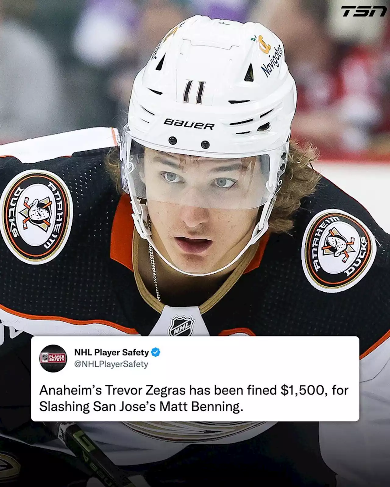 Ducks' Zegras fined $1,500 for slashing - TSN.ca