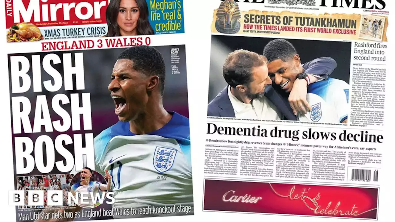 Newspaper headlines: 'Rampant England march on' and Alzheimer's progress