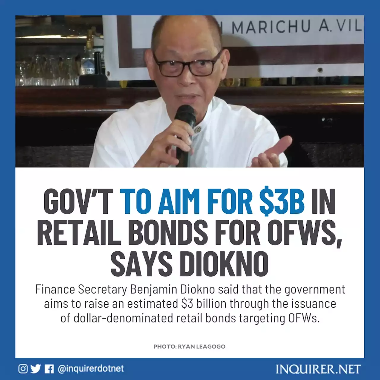 Gov’t to aim for $3B in retail bonds for OFWs, says Diokno