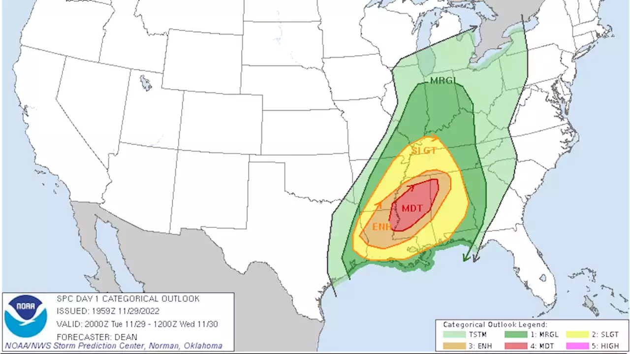 Strong thunderstorms and tornadoes are predicted across parts of the South