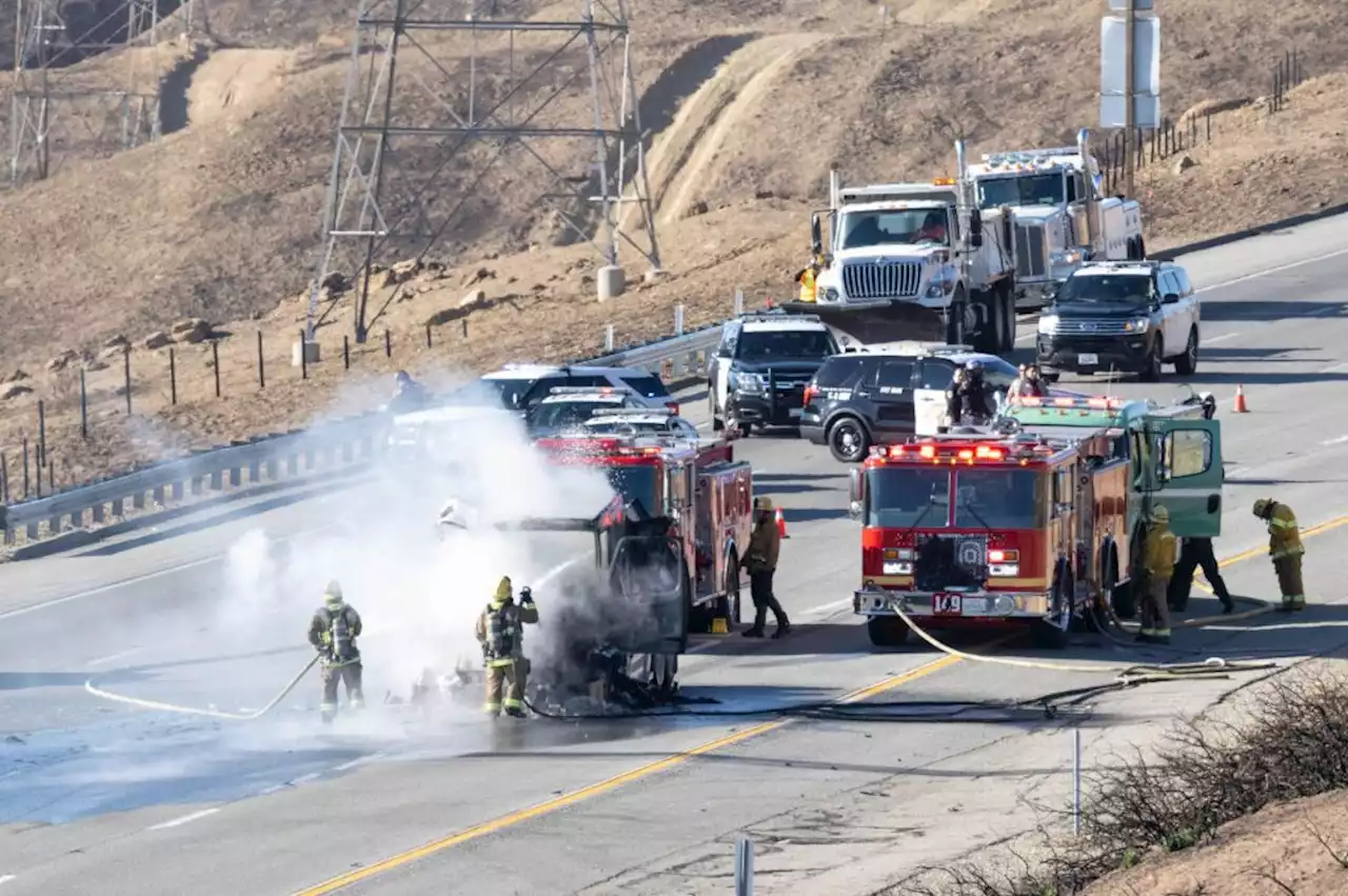 Big rig cab pursued by police bursts into flames on 5 Freeway