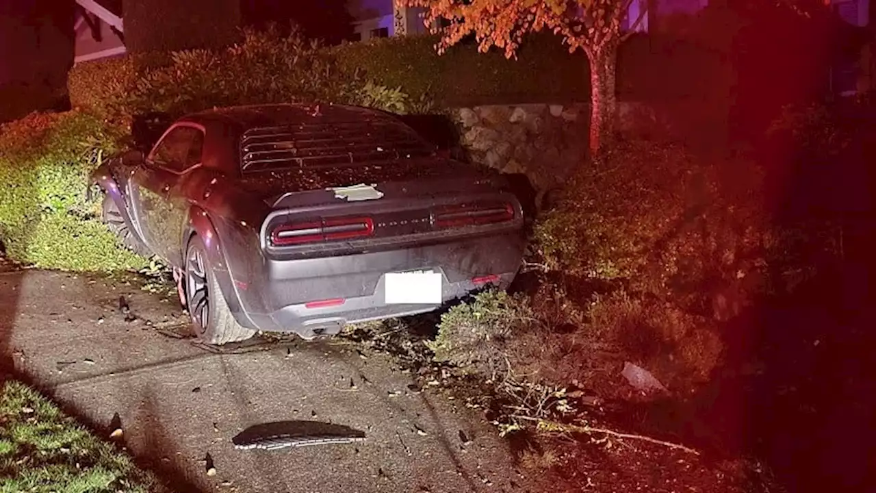 Impaired driver crashes Dodge Challenger into stone wall in Langford