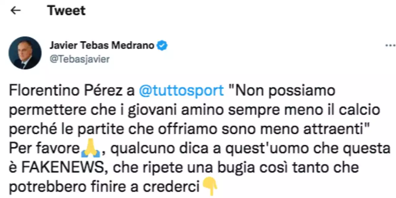 Tebas si arrabbia con Perez: 'Non è vero che i giovani amano meno il calcio'