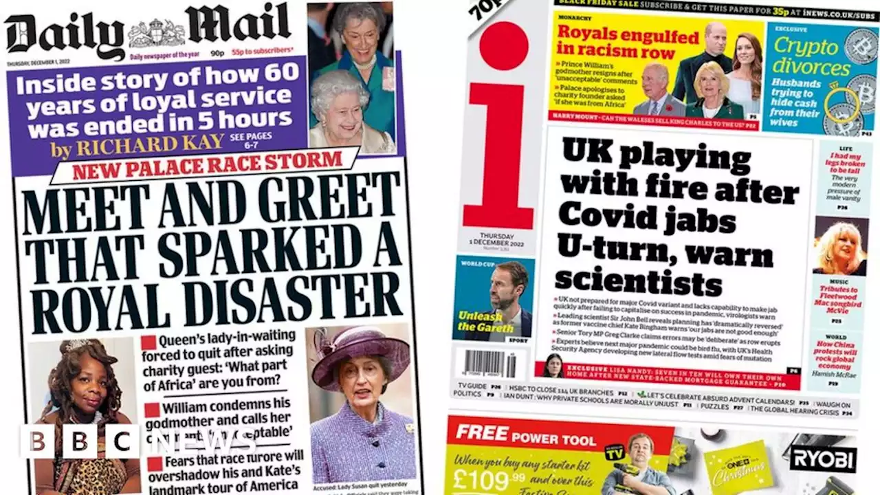 Newspaper headlines: 'Royal race row' and Covid jabs warning