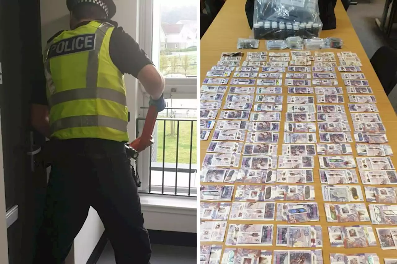 Image shows stacks of banknotes and 'drugs' seized in surprise raid