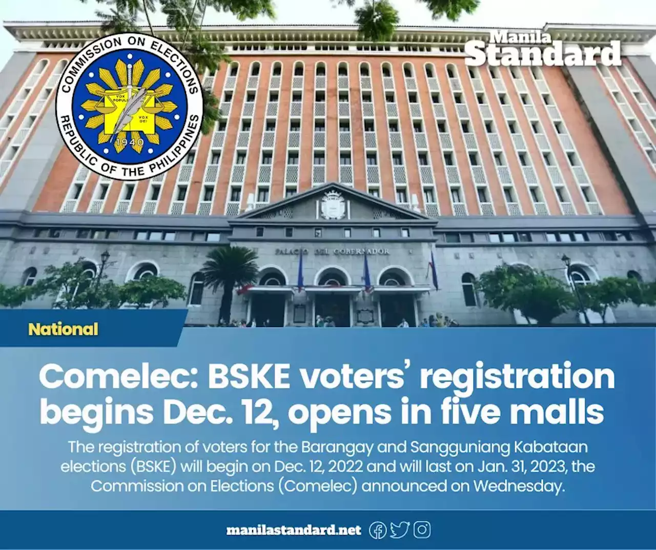 Comelec: BSKE voters’ registration begins Dec. 12, opens in five malls