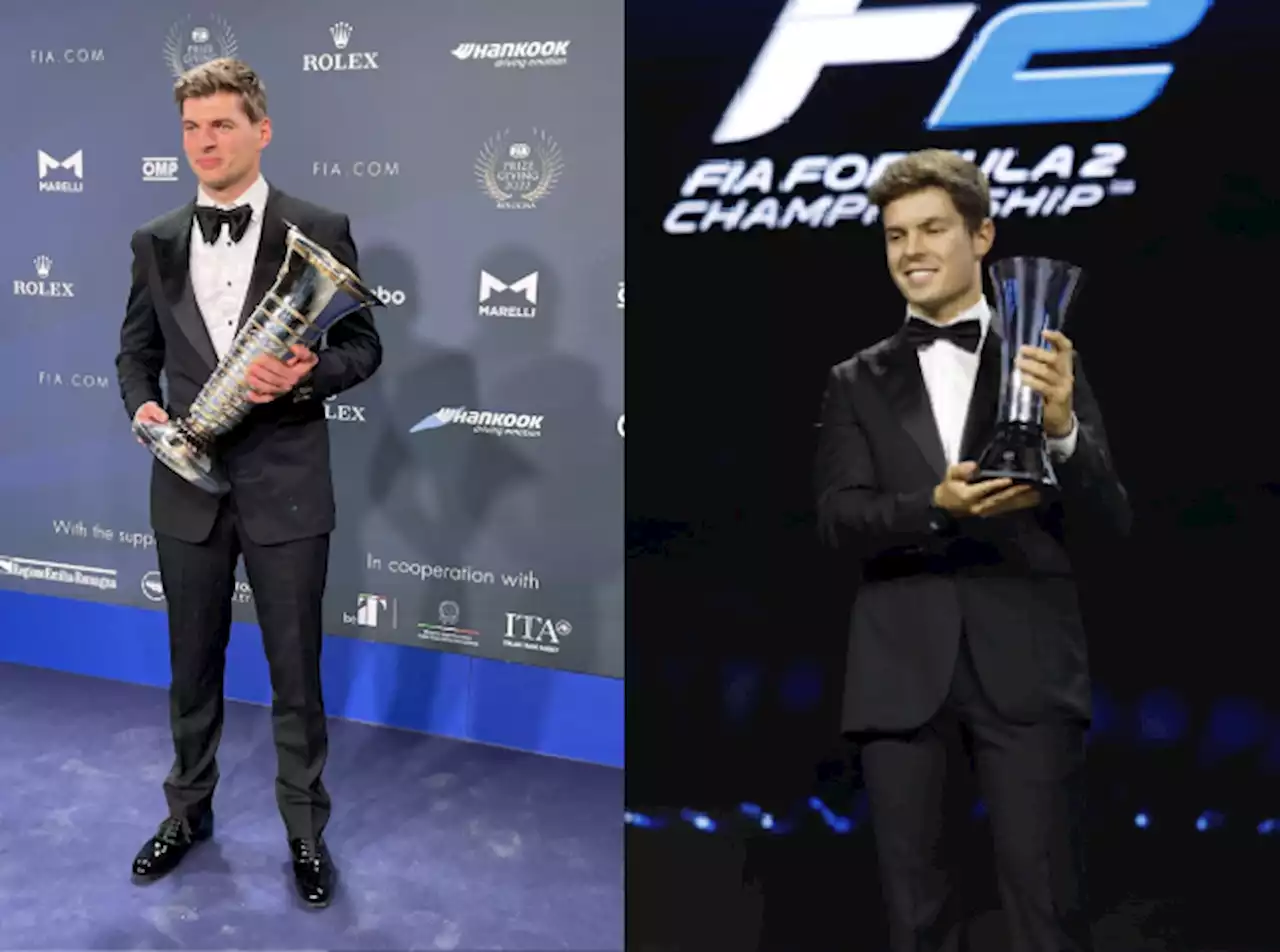 Max Verstappen e Felipe Drugovich recebem troféus de campeões de F1 e F2