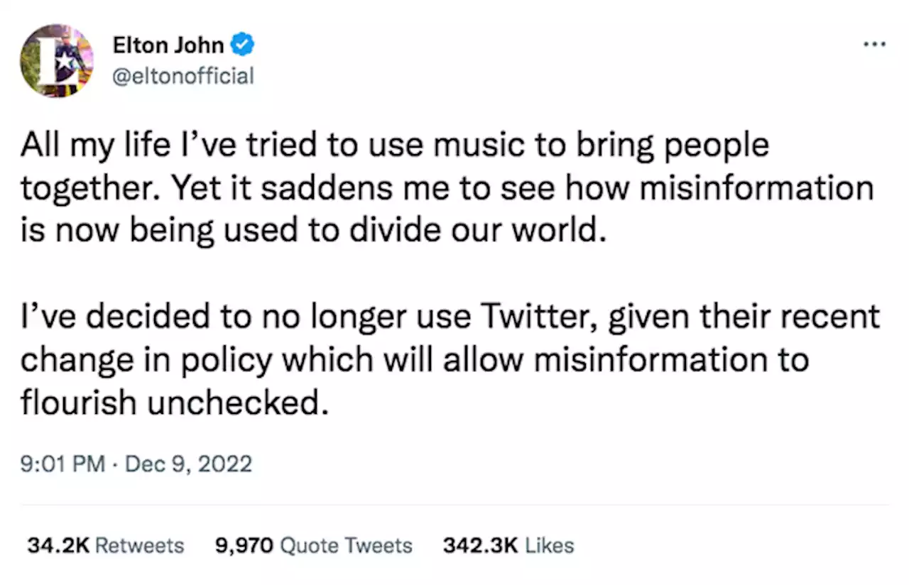 Elton John quits Twitter - BusinessWorld Online