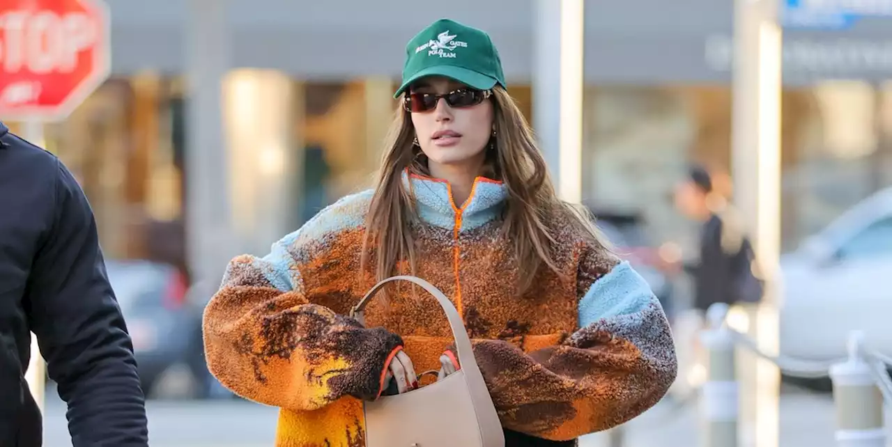 Hailey Bieber Experiments with Gorpcore in a Fuzzy Pullover and Baseball Cap ​