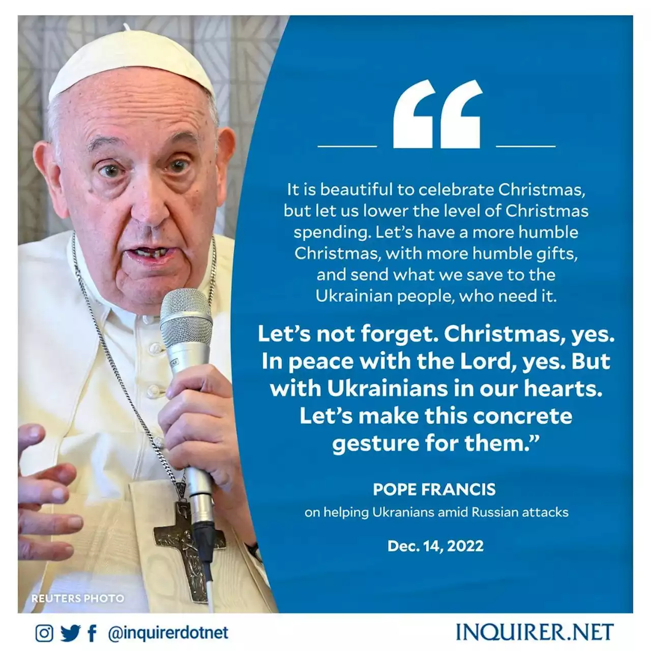 Pope: Spend less on Christmas, send difference to Ukrainians