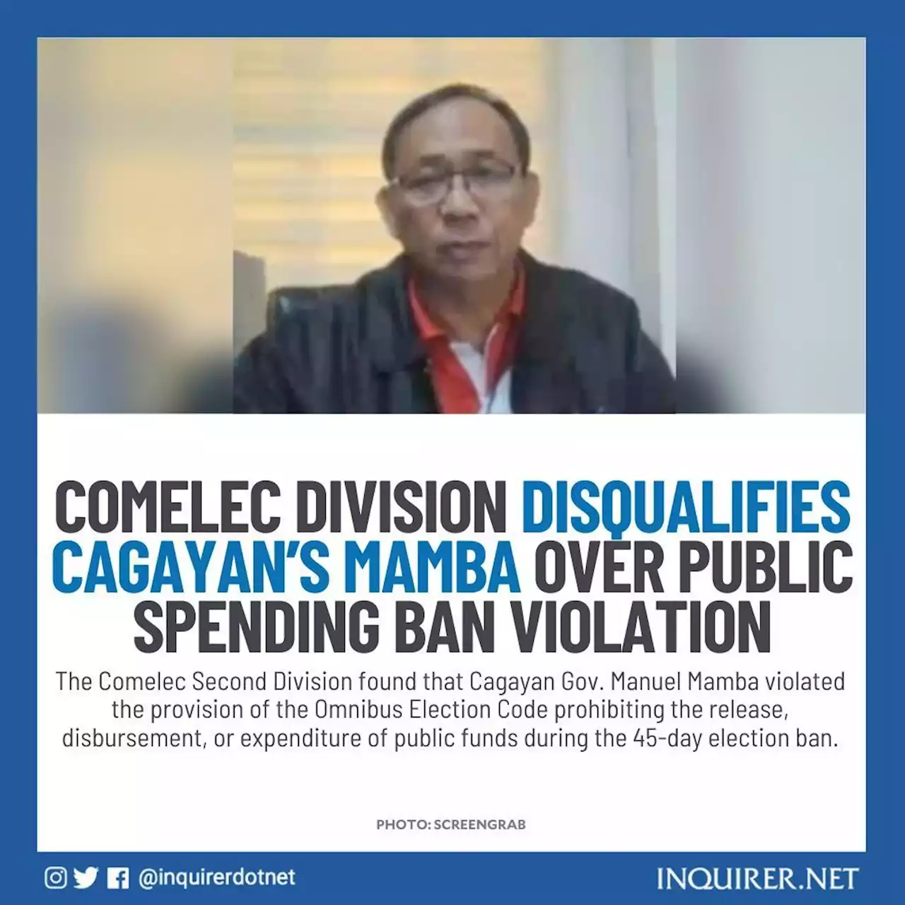 Comelec division disqualifies Cagayan’s Mamba over public spending ban violation