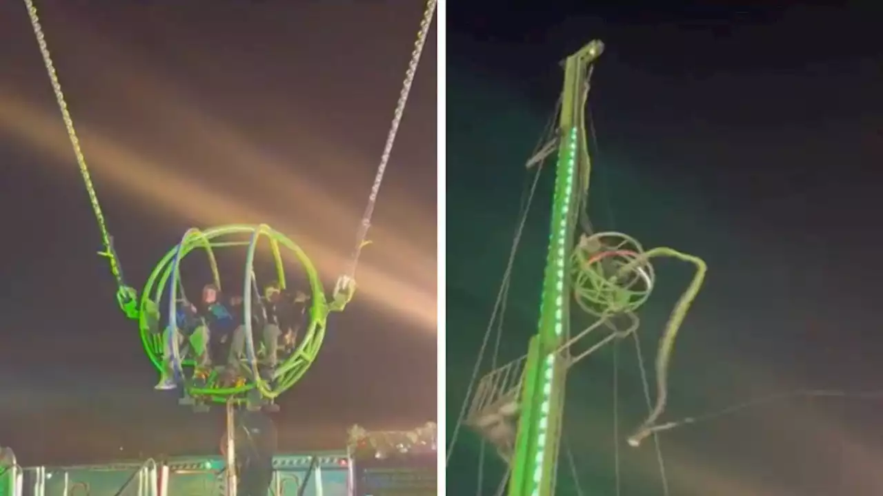 Terrifying moment Winter Wonderland slingshot ride snaps leaving two passengers trapped inside