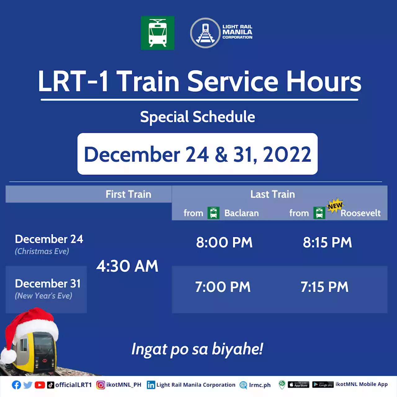 LRT 1 on special schedule Dec 24 & 31