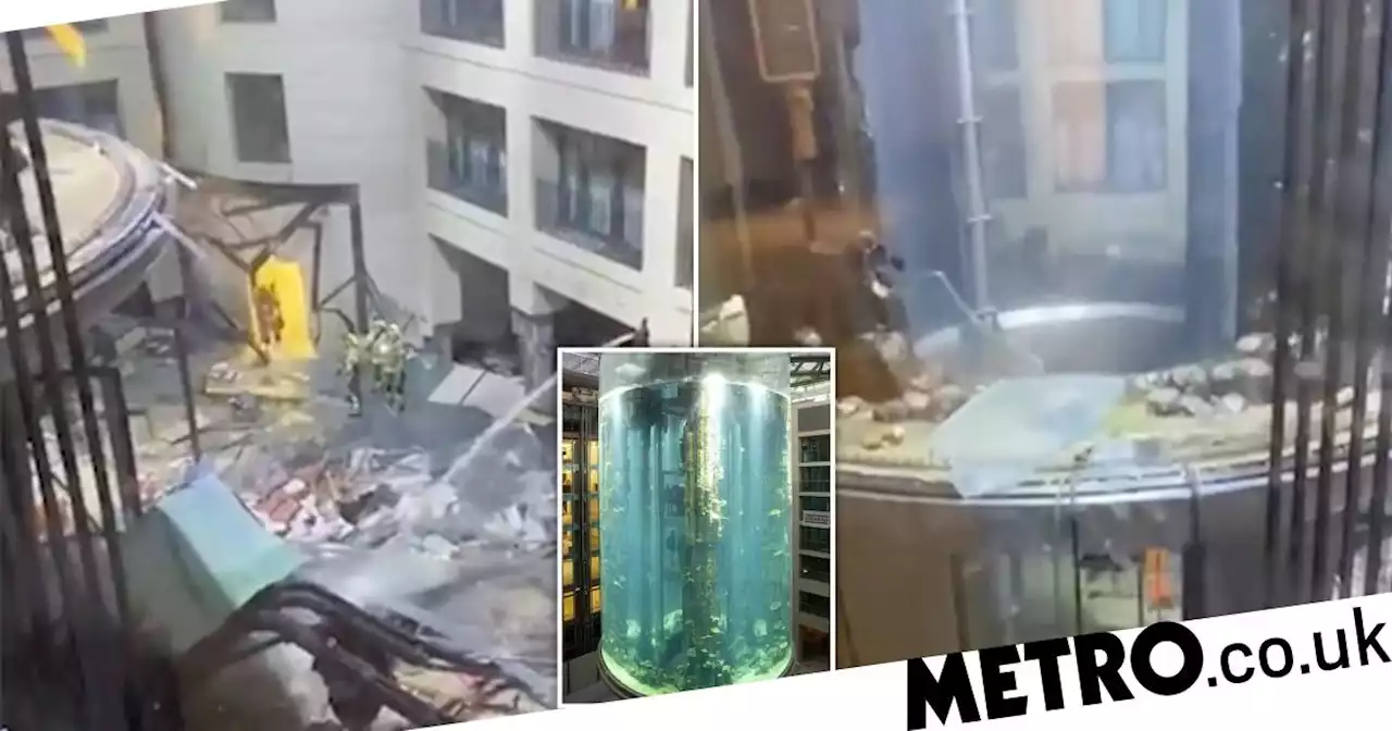 Huge fish tank explodes destroying hotel lobby and sending debris into street