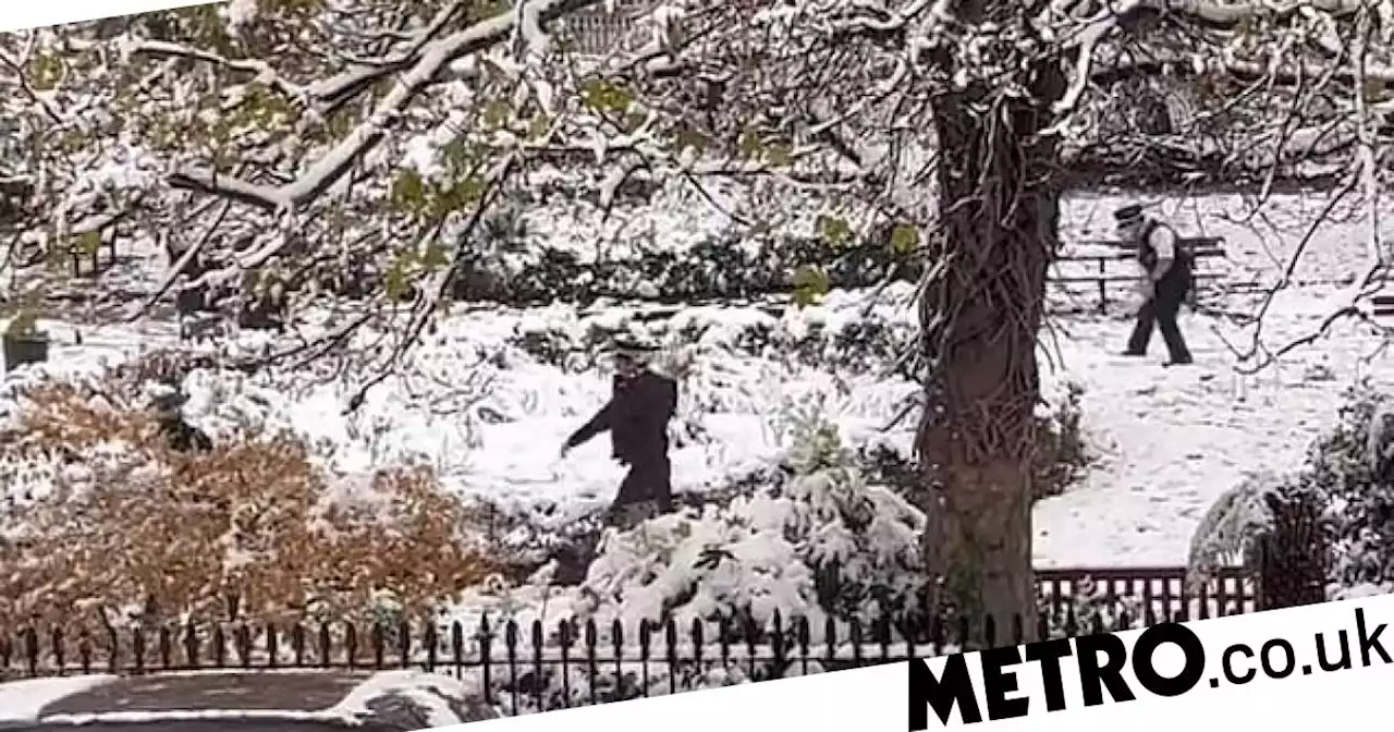 Police officers have a snowball fight in London park while in uniform