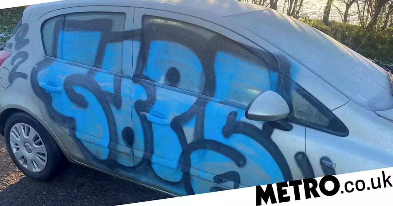 Woman who abandoned car in icy crash comes back to find it covered in graffiti