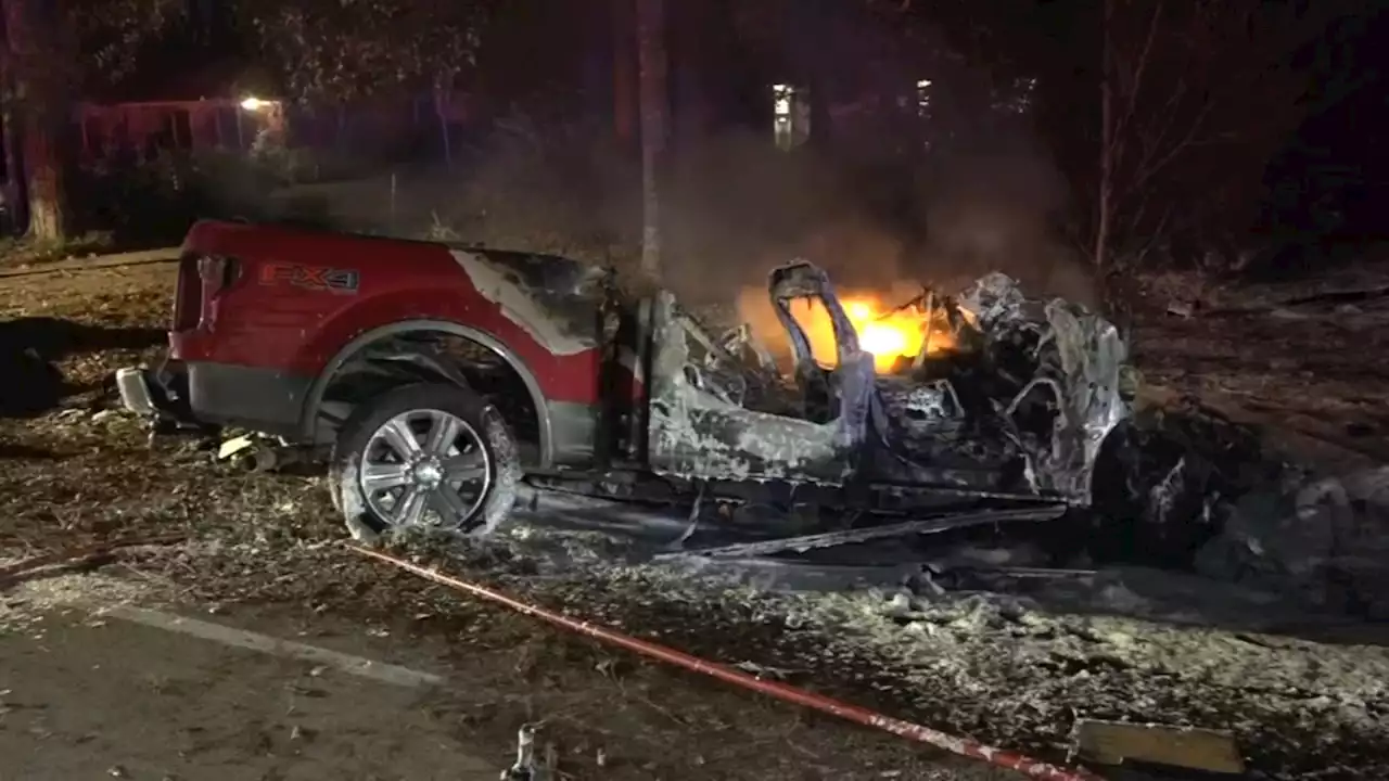 Driver hospitalized after fiery crash leaves pickup truck melted in Montgomery County, officials say