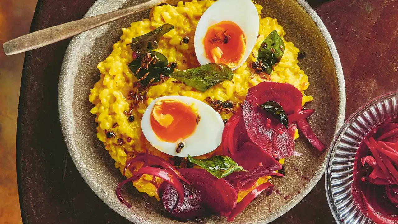 Turmeric Rice Pongal With Eggs and Beet Acharu Pickle