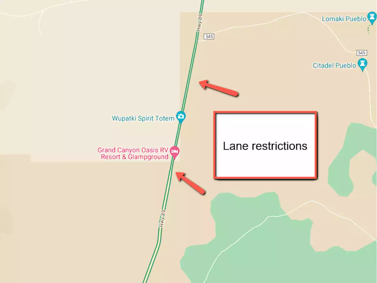 Lane restriction on US 89 north of Flagstaff Dec. 20-22