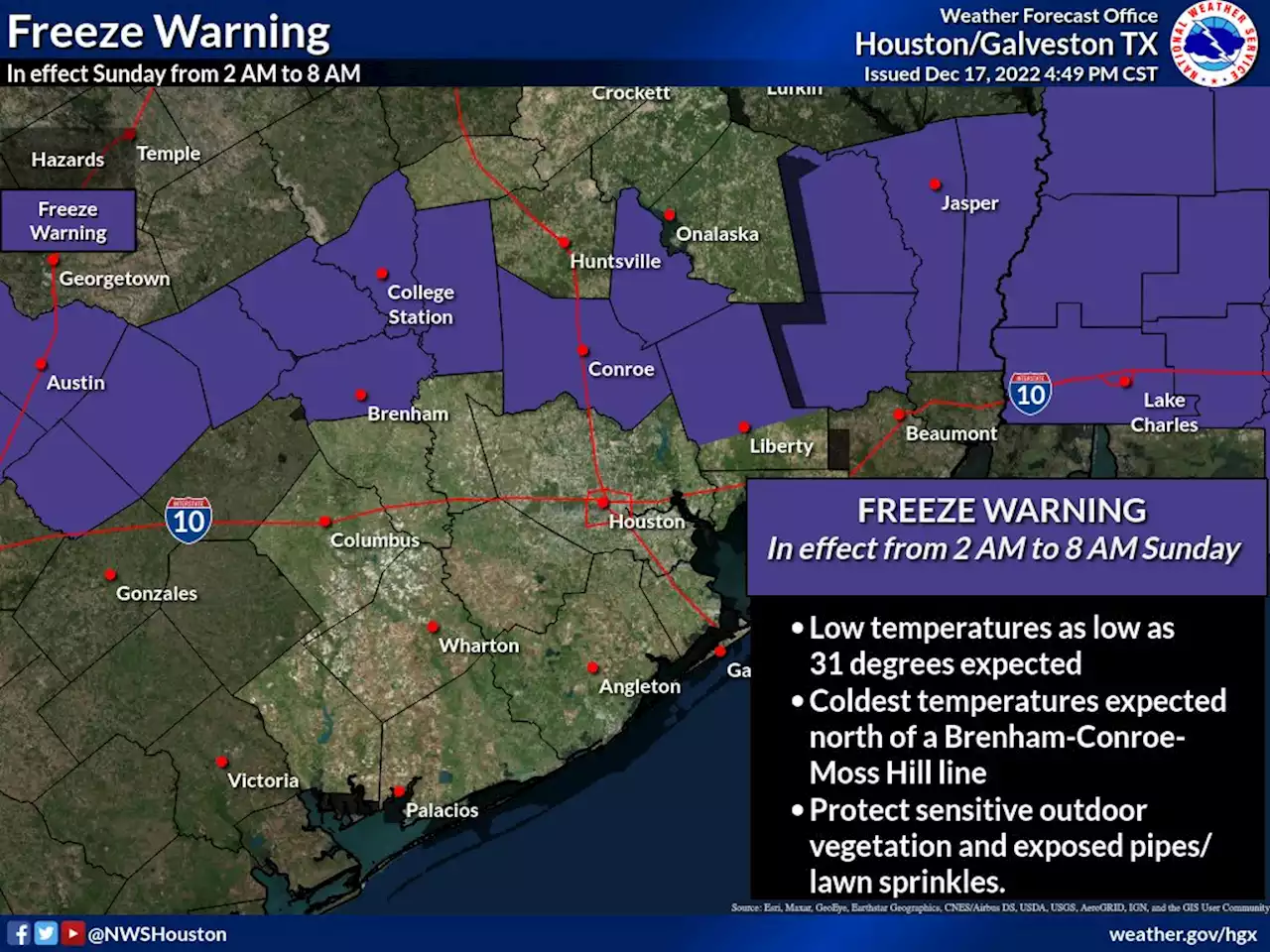 Freezing temperatures hit parts of southeast Texas but not Houston – for now