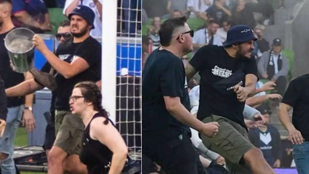 Melbourne football violence: Pitch invader images released after goalie attacked with bucket and flare hits cameraman's head