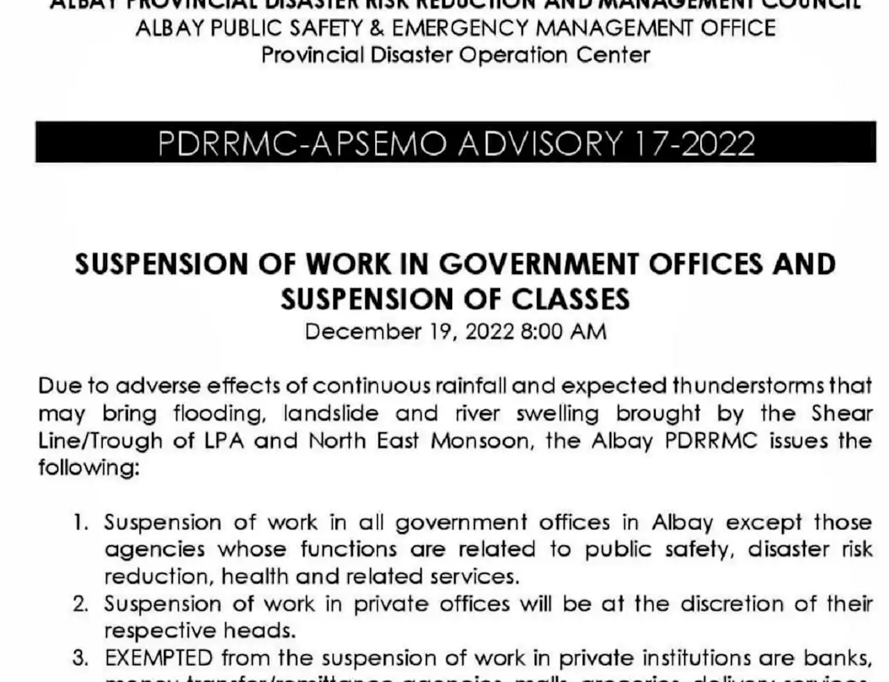 Albay suspends classes, gov't work due to inclement weather