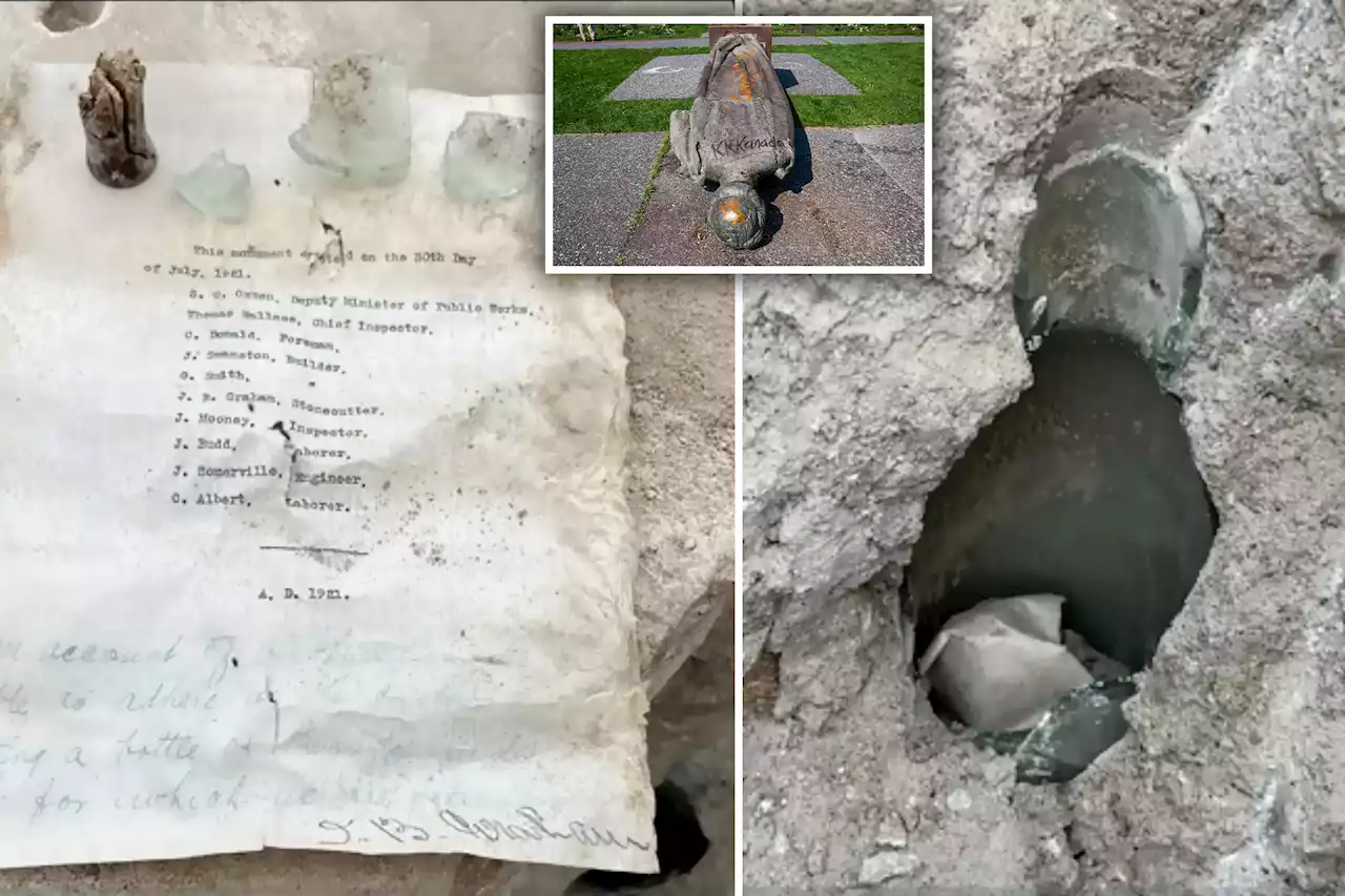 Century-old message in a bottle found under toppled statue in Canada