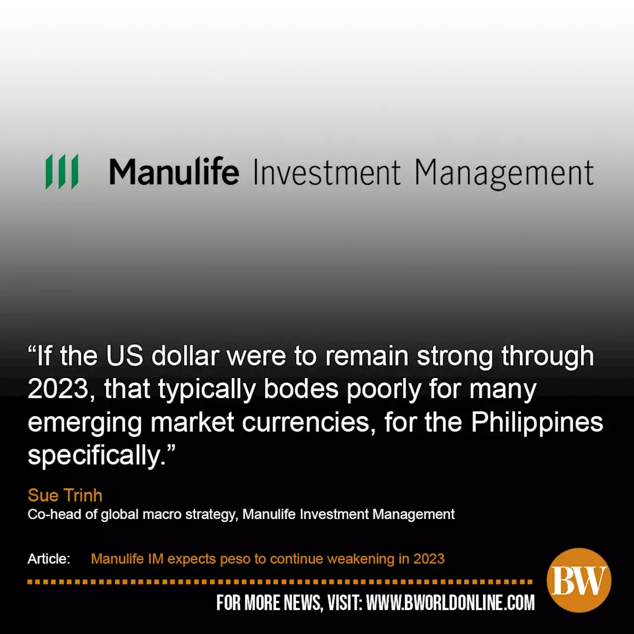 Manulife IM expects peso to continue weakening in 2023 - BusinessWorld Online