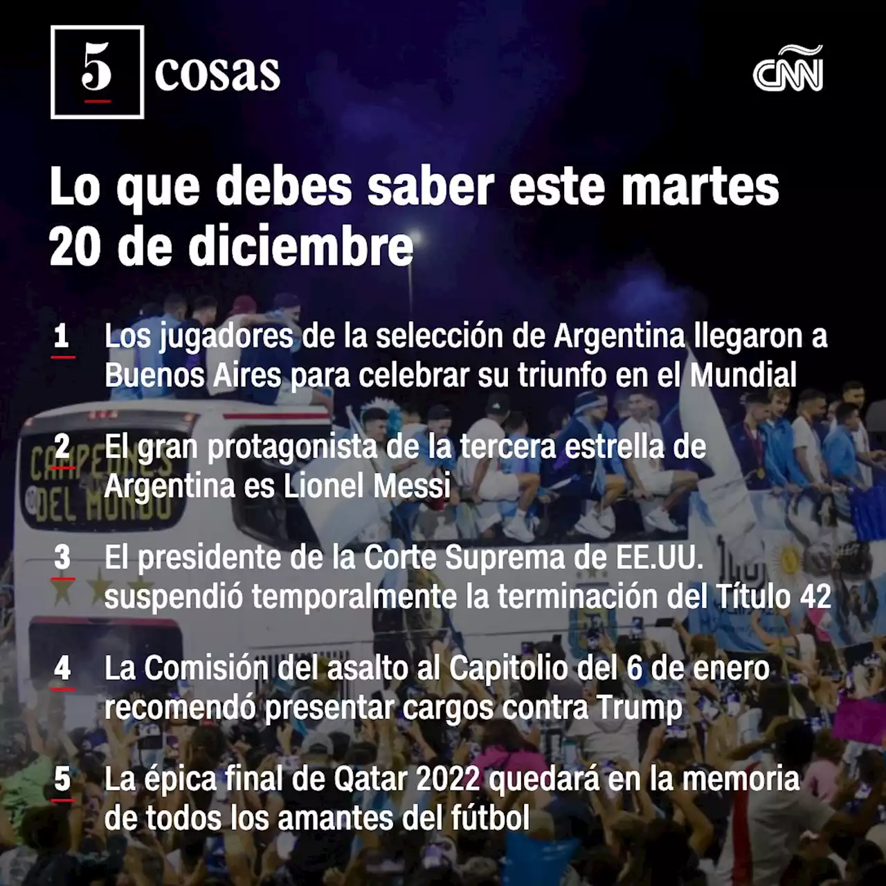 Las 5 cosas que debes saber este 20 de diciembre: Argentina recibe a sus campeones