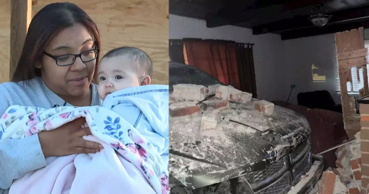 Car crashes into home narrowly missing baby in living room