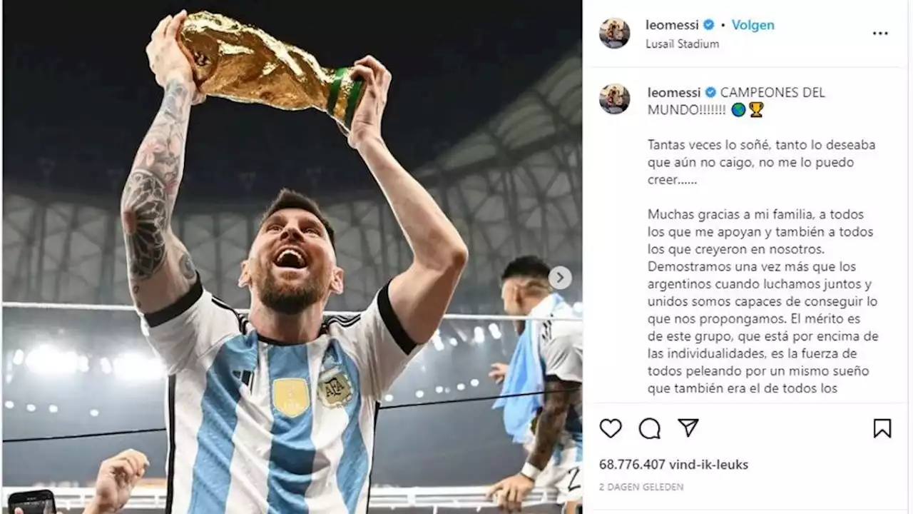 Messi verslaat ei en heeft naast WK-winst ook Instagram-post met meeste likes ooit