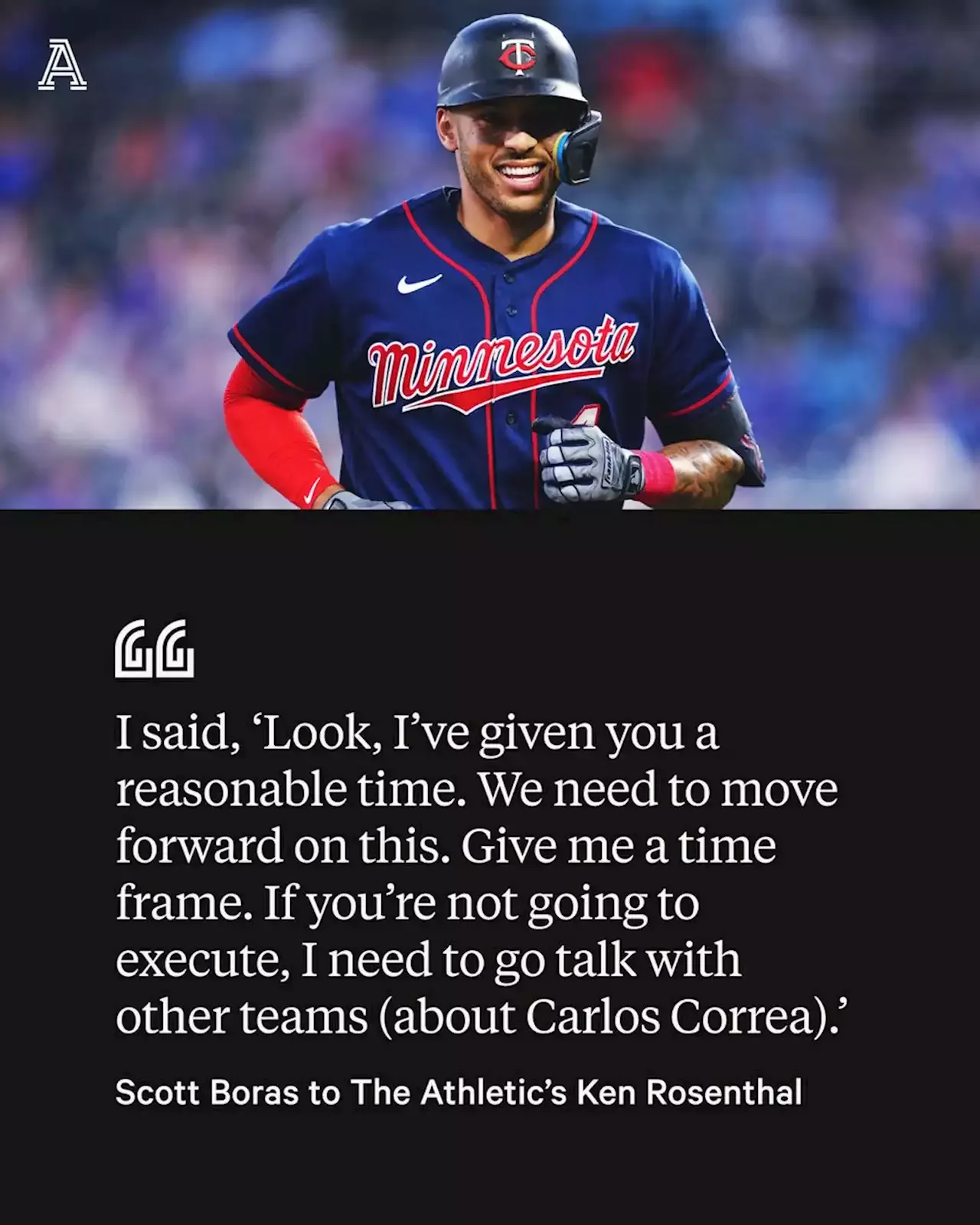 The Athletic on X: Scott Boras told @Ken_Rosenthal the Giants requested  more time to review Carlos Correa's medical history. We gave them a time  frame to execute it,” Boras said. “They advised