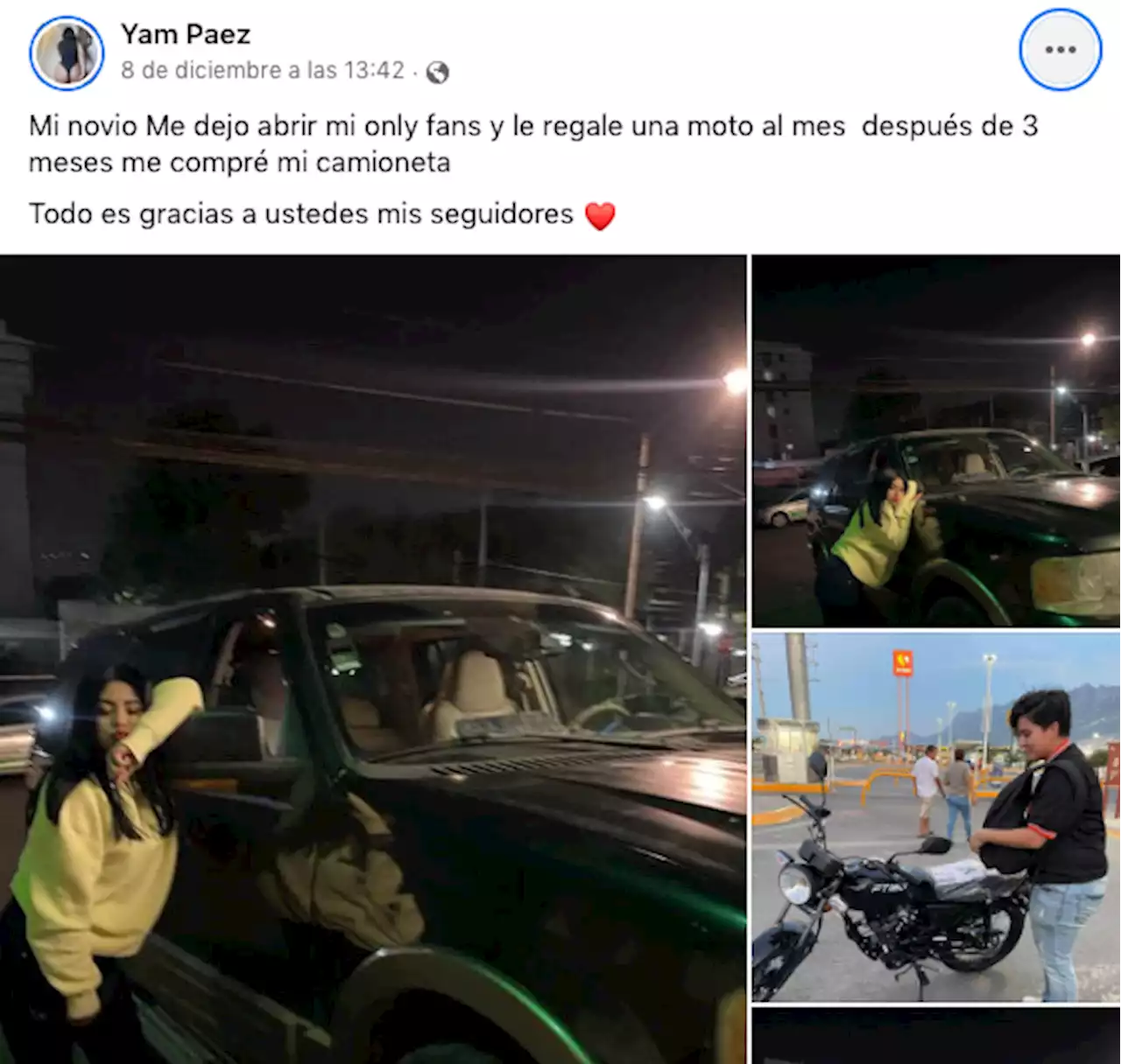 Le regaló moto a su novio y se compró camioneta por OnlyFans