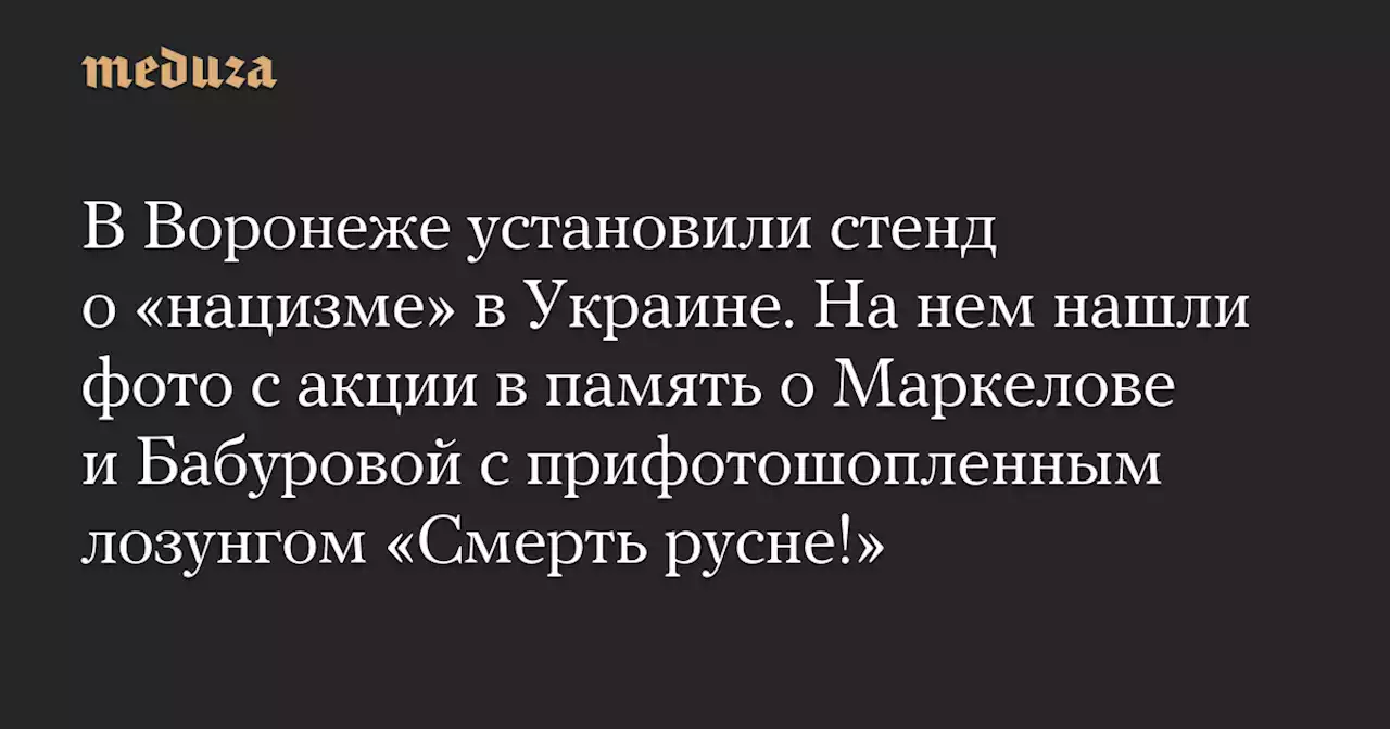 В Воронеже установили стенд о «нацизме» в Украине. На нем нашли фото с акции в память о Маркелове и Бабуровой с прифотошопленным лозунгом «Смерть русне!» — Meduza