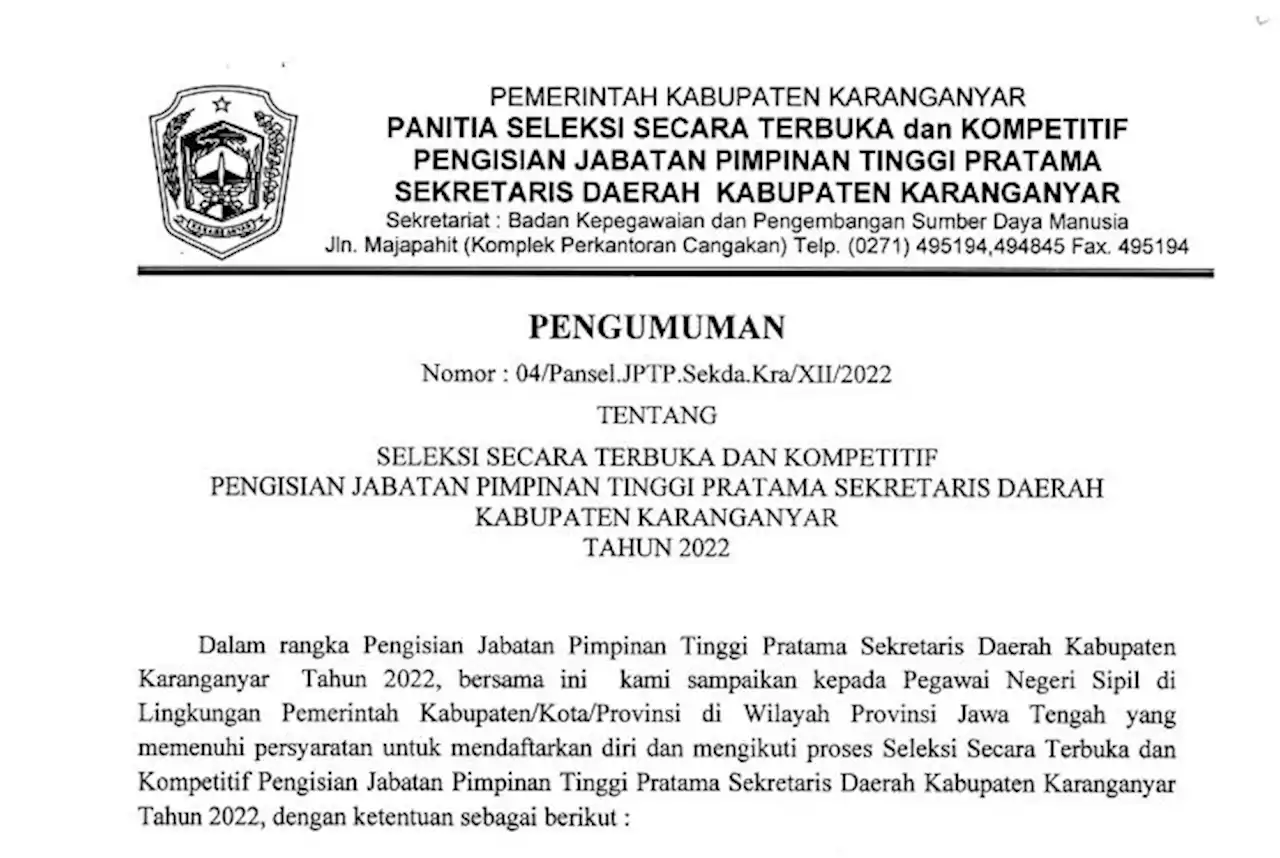 Lolos Seleksi Administrasi, 9 Calon Sekda Karanganyar Ikuti Uji Kompetensi