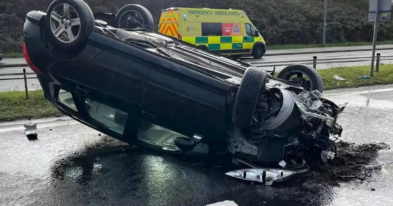 Car overturns in crash that closed major Nottinghamshire road