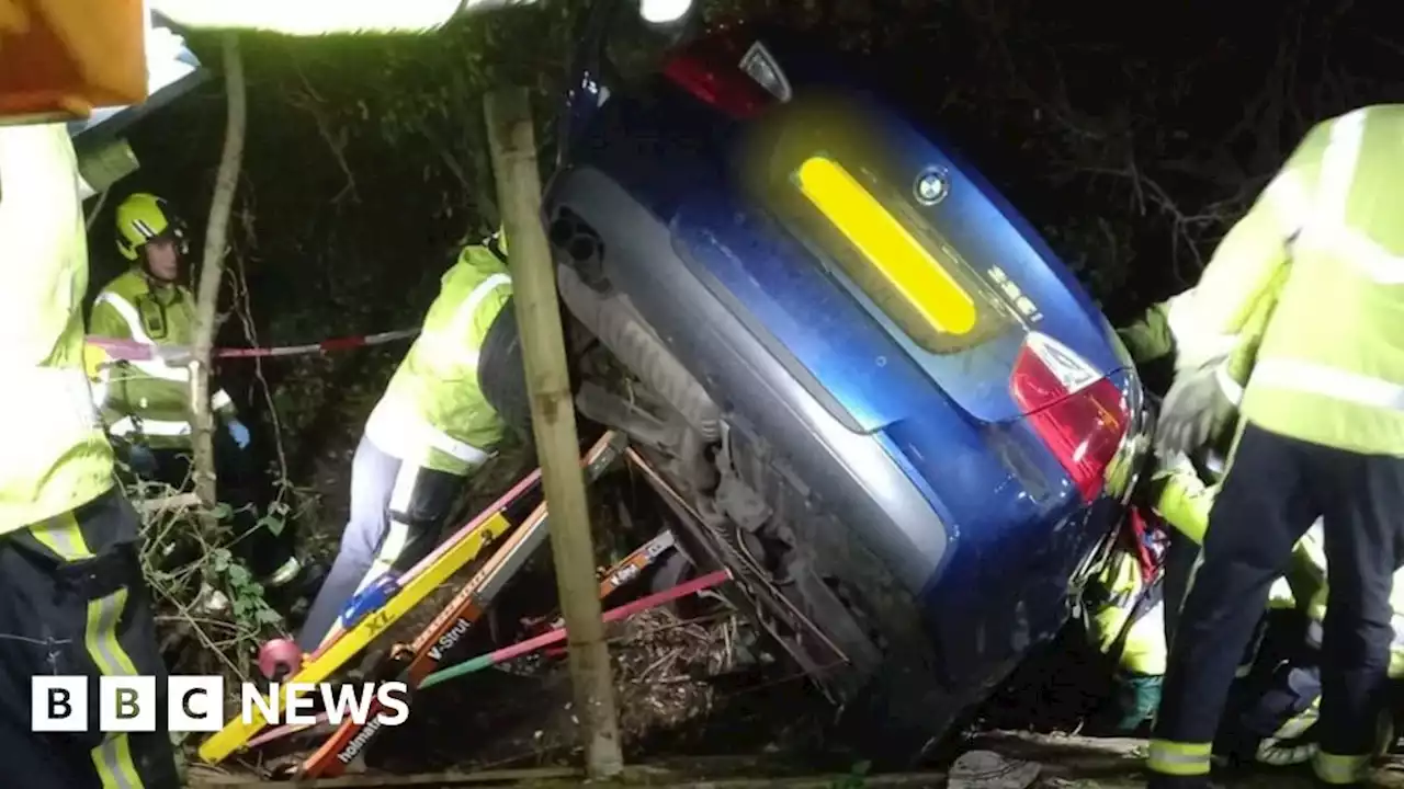 Driver cut free from car after crash into garden