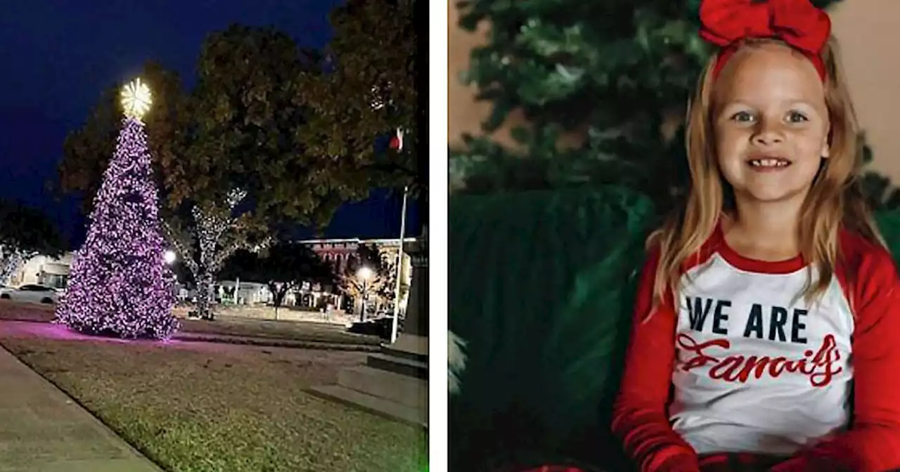 Pink Christmas tree lit up outside Wise County Courthouse in honor of Athena Strand