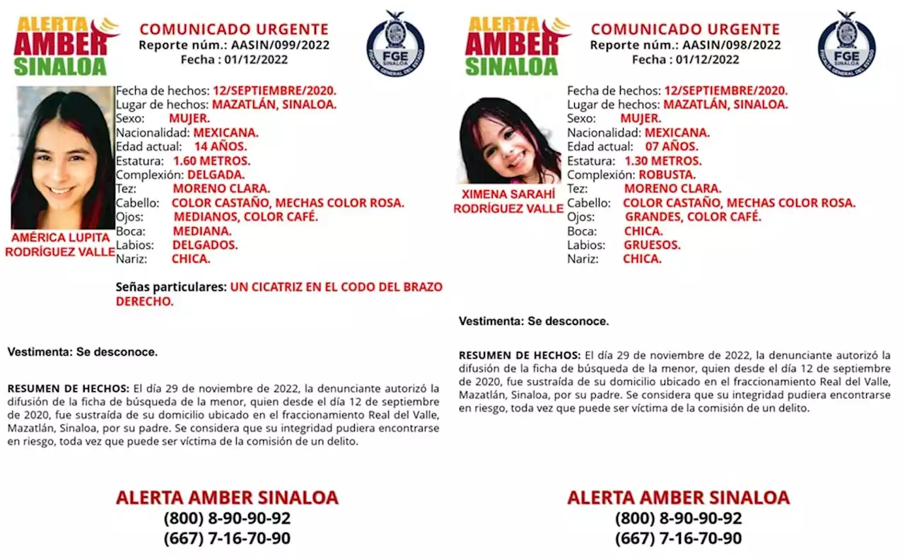 Emiten Alerta Amber por América Lupita y Ximena Sarahí, hermanitas sustraídas por su papá en Sinaloa