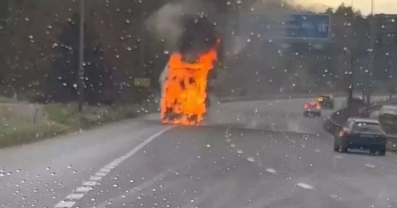 Dramatic moment double decker bus bursts into flames on motorway