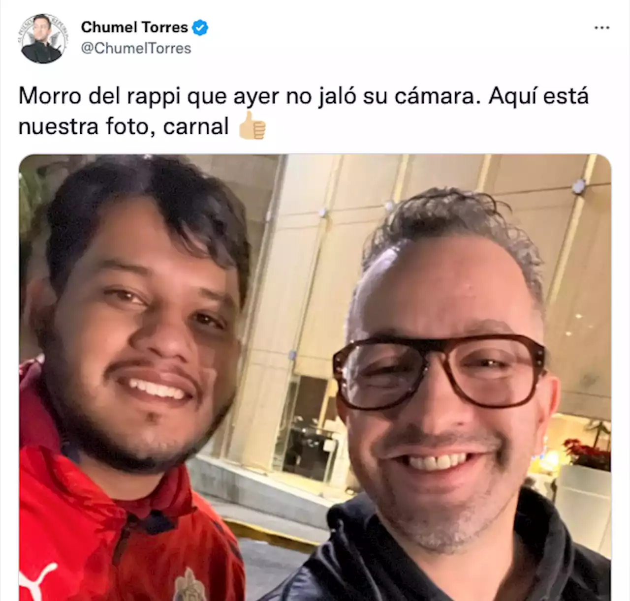 Chumel Torres agradece a repartidor de Rappi con foto en Twitter