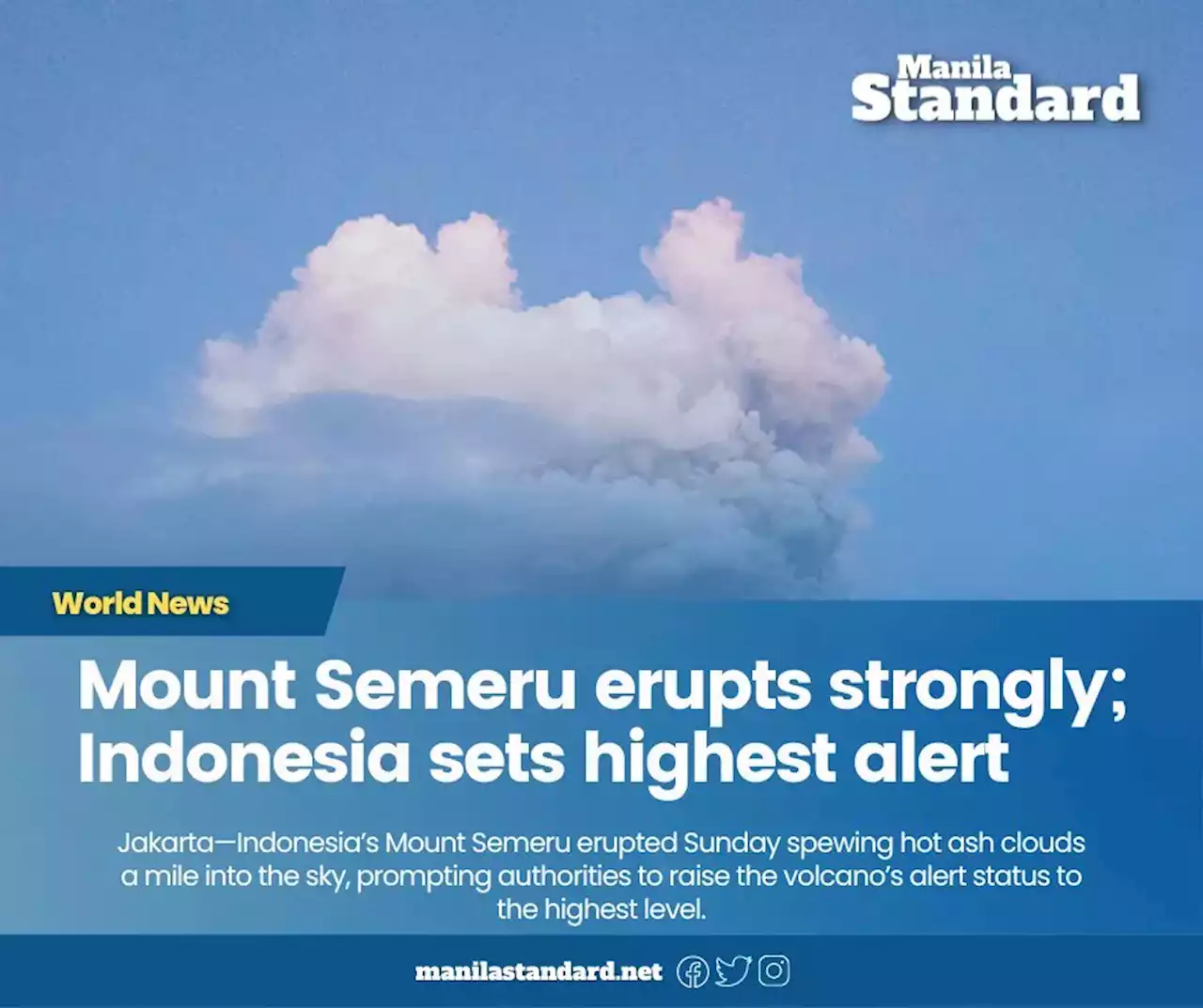 Mount Semeru erupts strongly; Indonesia sets highest alert