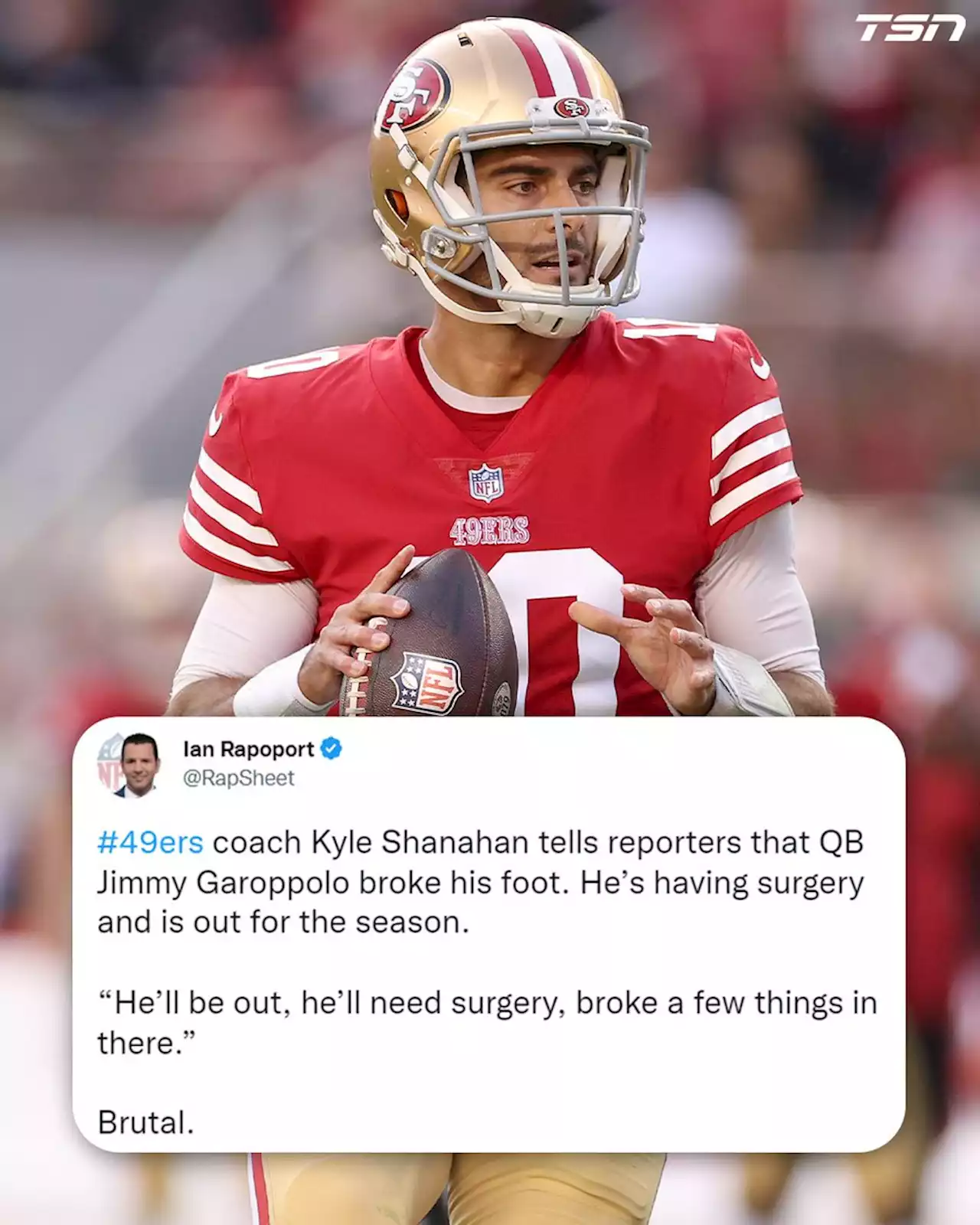 49ers' Garoppolo done for season after breaking foot against Dolphins - TSN.ca