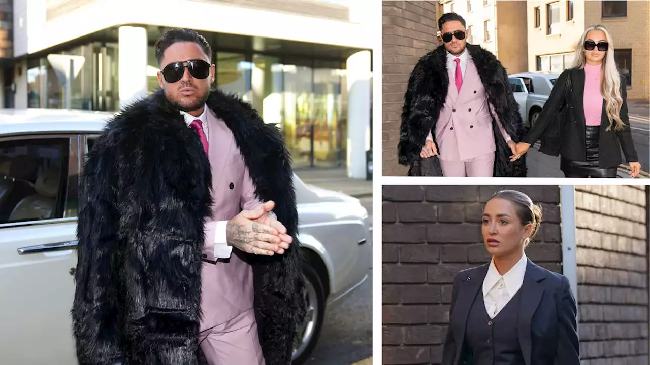 Pink suit wearing reality tv star Stephen Bear arrives at court in limo for voyerism and revenge porn trial