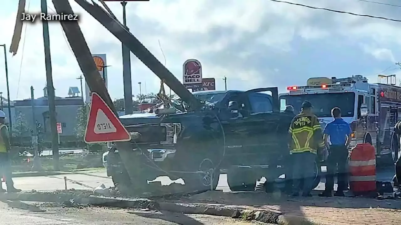 Light pole goes through truck's windshield after crash in Dickinson, police said