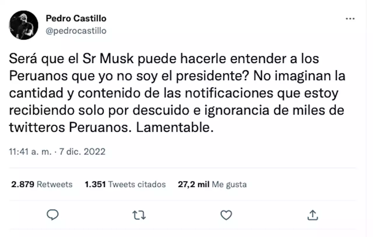 Pedro Castillo pide ayuda a Elon Musk... no por crisis peruana