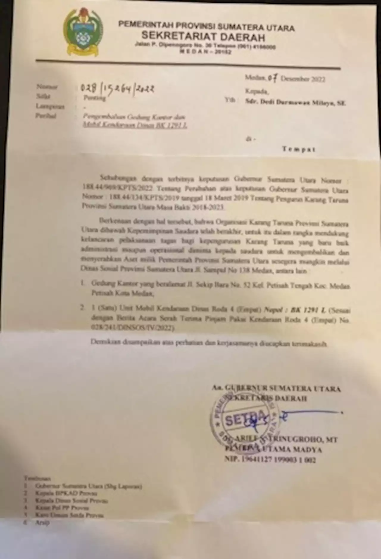 Pemprovsu Minta Dedi Kosongkan Kantor Karang Taruna dan Kembalikan Mobil Dinas