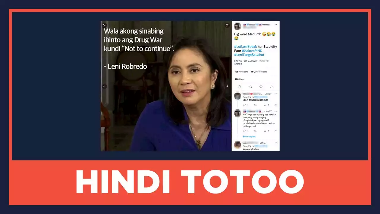 HINDI TOTOO: Magkasalungat na idea sa quote ni Robredo tungkol sa drug war