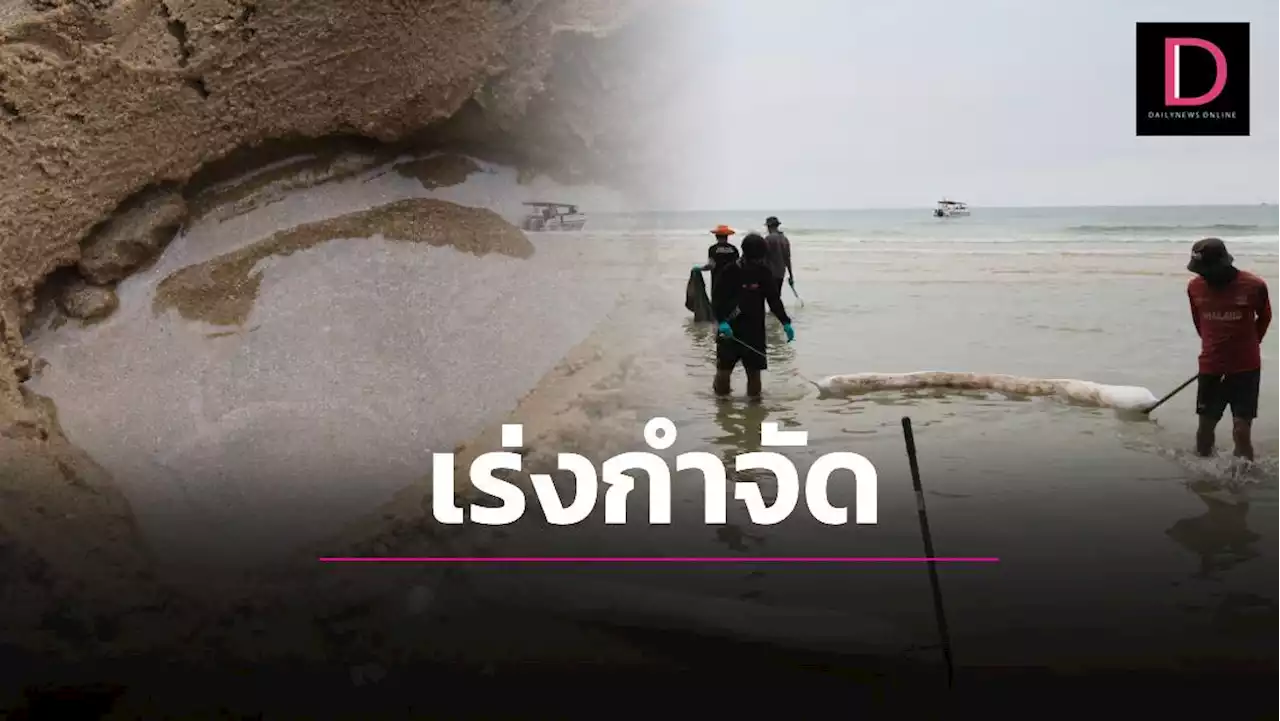 คราบน้ำมันรั่วรอบ2 ลอยติดหาดแม่รำพึง ใช้กระดาษพิเศษเร่งซับนำไปกำจัด | เดลินิวส์