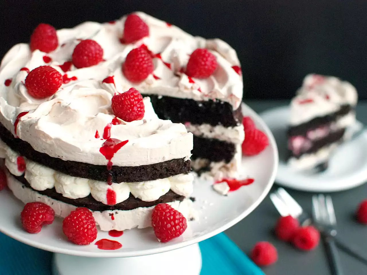 Chocolate Meringue Cake With Whipped Cream and Raspberries Recipe